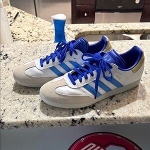 Messi Adidas White and Blue Trainers with Gold Detail